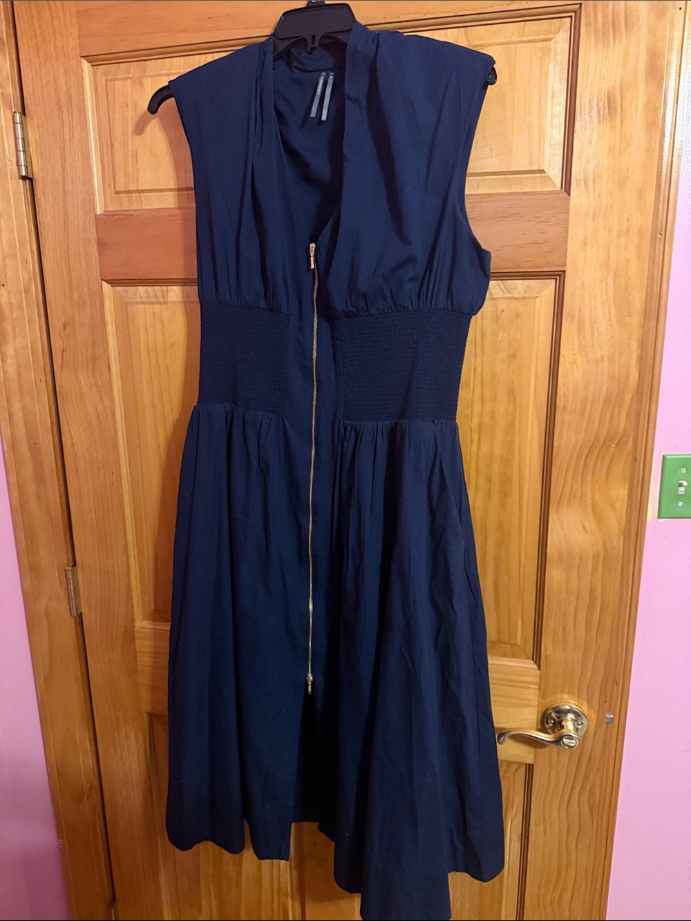 Anthropologie Navy Zip-Front Smocked Midi Dress - Picture 2 of 2